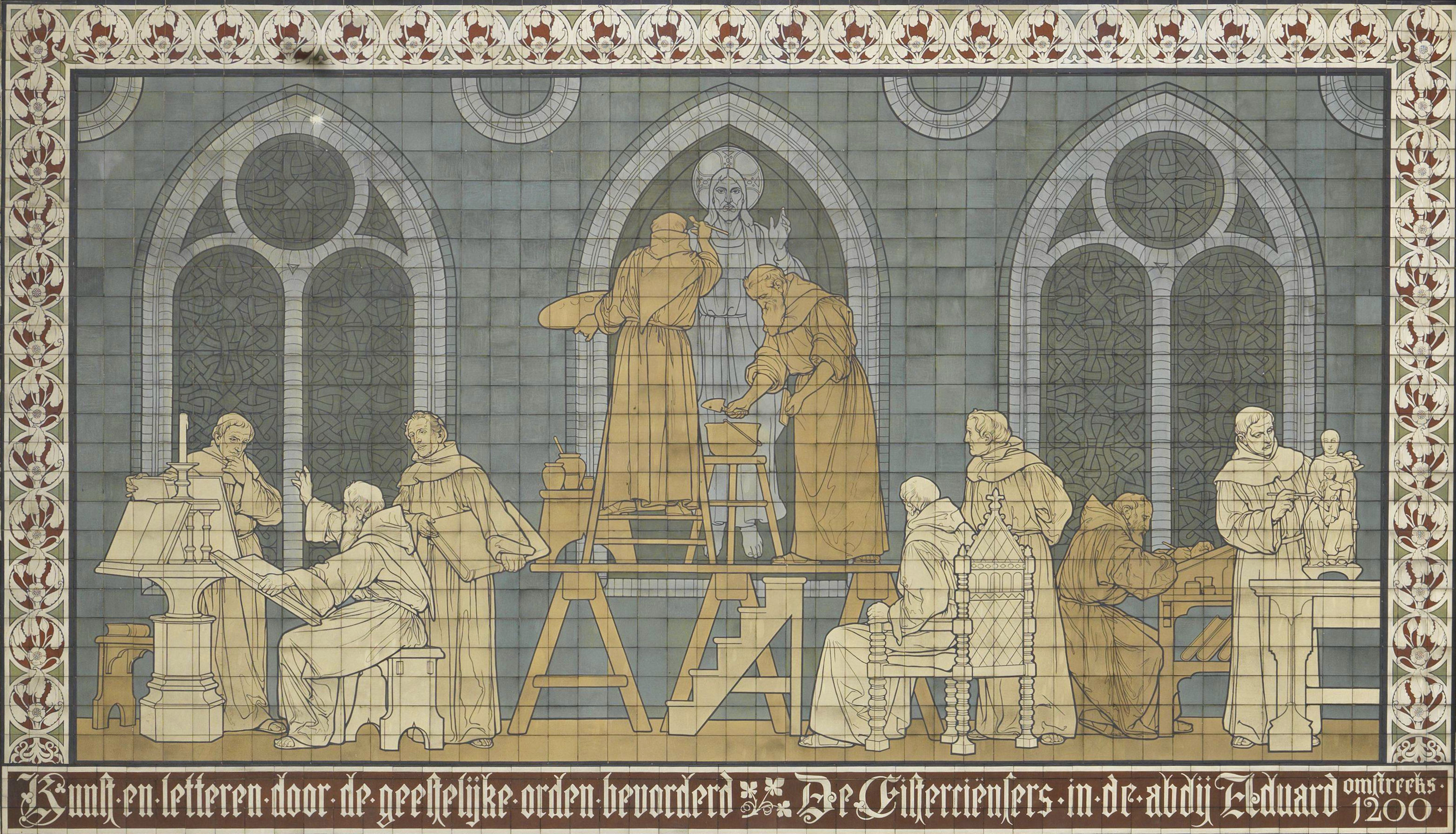 De Cisterciënzers in de abdij van Aduard omstreeks het jaar 1200. Het betreft een tegelplateau aan de buitenkant van het (foto) Rijksmuseum Amsterdam en is gemaakt omstreeks 1855 door Georg Sturm die overlijdt in 1923. Licentie: Public Domain.